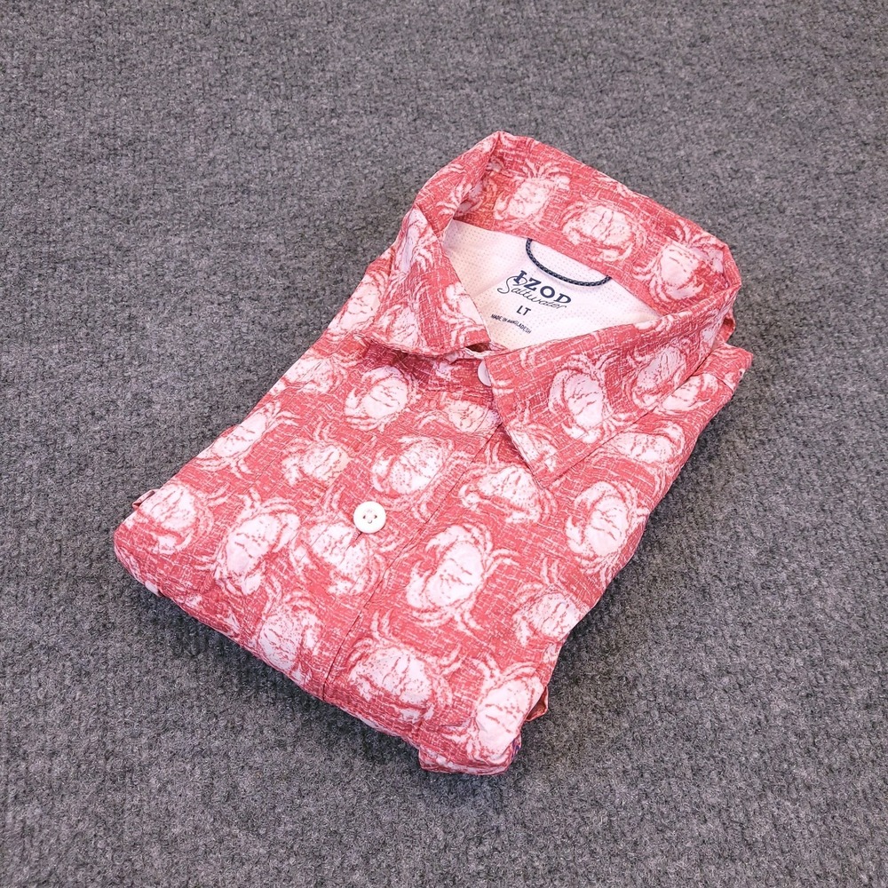 Izod Saltwater Crab Print Sz LT Rapture Rose Faded Red Vented Stretch